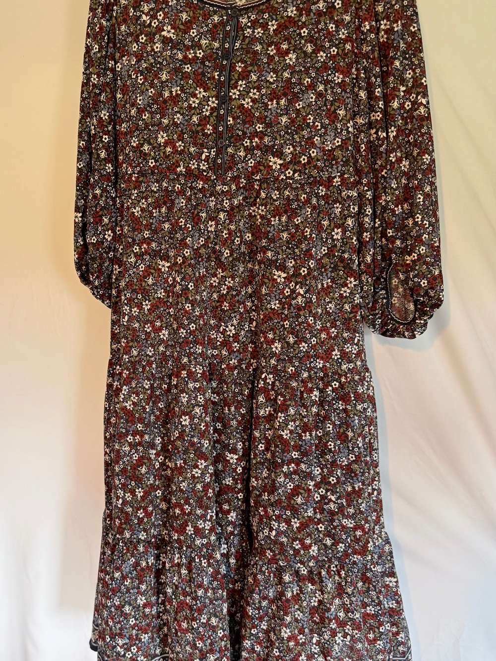 Max Studio Burgundy Floral Tiered Long Sleeve Dress